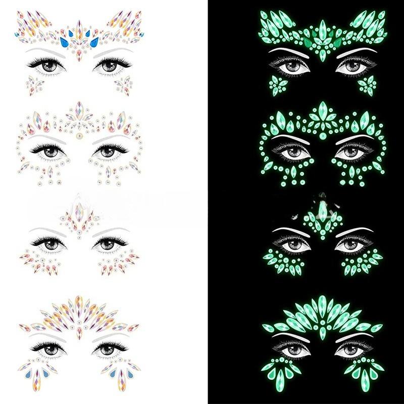 New Diamond Face Stickers Luminous European and American Halloween Face Tattoo Stickers Explosive Eye Stickers Eyebrow Stickers 4 Combinations