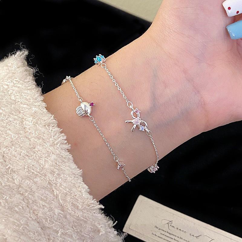 Pink Zircon Star Butterfly Knot Bracelet Women Delicate Sweet Style Copper Alloy Adjustable Stackable Wrist Jewelry