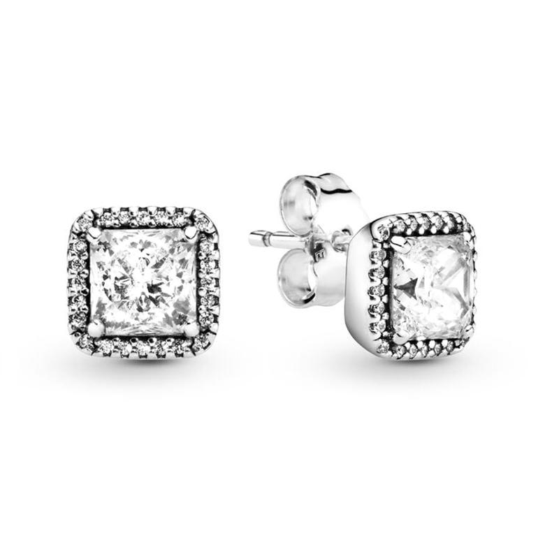 Authentic 925 Sterling Silver Circle & Infinity Stud Earrings Square Sparkle Stud Earrings For Women Europe Gift Diy Jewelry