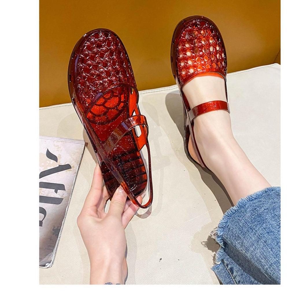 Gemstone Sparkling Jelly Mary Jane Shoes, Transparent Woven Hollow Flat Shoes, Waterproof and Non Slip, Cute Beach Pool Vacation Cooldown