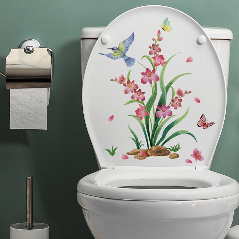 1Pcs Flower Floral Toilet Stickers Green Plant Leaves Wall Stickers Decoration Waterproof Self-Adhesive Decals Bathroom Sticker