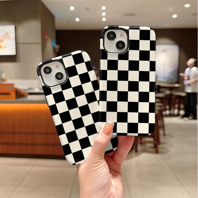 Classic Monochrome Black White Geometric Checkered Square Art Film Aesthetic Protective Shockproof Bumper Phone Case For iPhone 14 15 16 Pro Max Plus