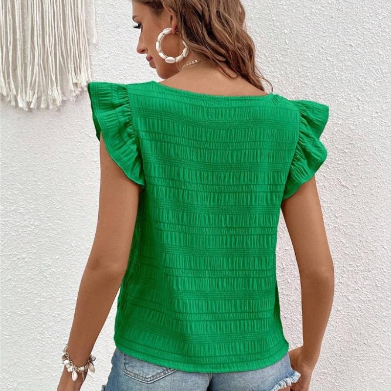 Spring and Summer New Square Neck Ruffled Women Shirt Tops Elegant Slim Fit Solid Flying Sleeve Blouse Women Loose Casual Shirts Female Clothing 26486