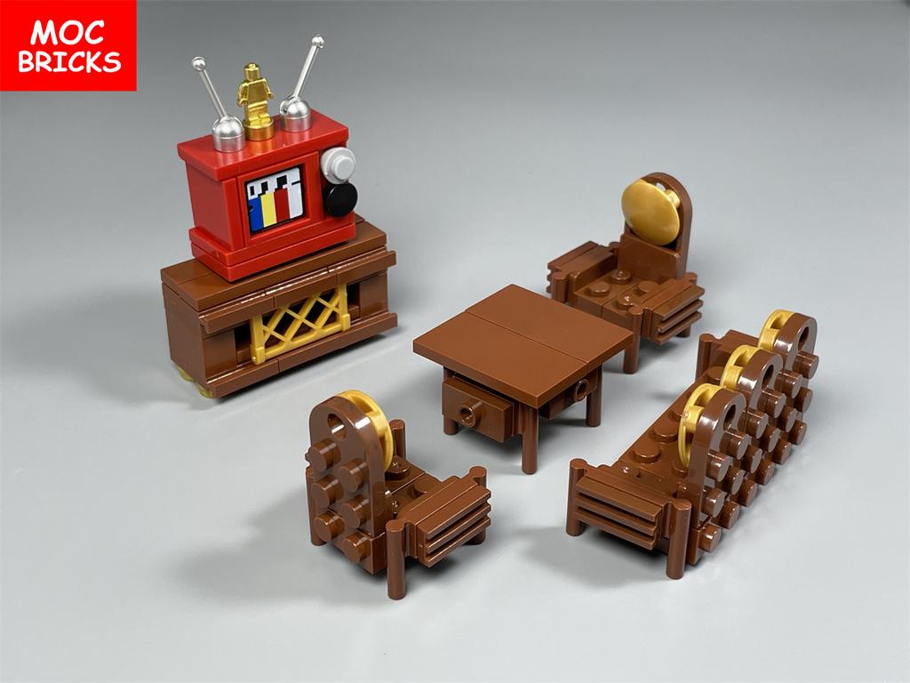 MOC Bricks House Mini Retro Furniture Kitchen Tool Sewing Machine House Living Room Accessories DIY Building Blocks Kids Toy