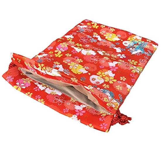 Senshishuin Nishijin Brocade Drawstring Bag (Lined) - Red Rabbit Design, Medium Size