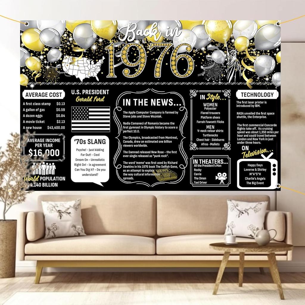 50th Birthday Black Gold Party Decoration Back In 1976 Backdrop Large Banner Birthday Party Poster Supplies Vintage 1976 Photography Background for