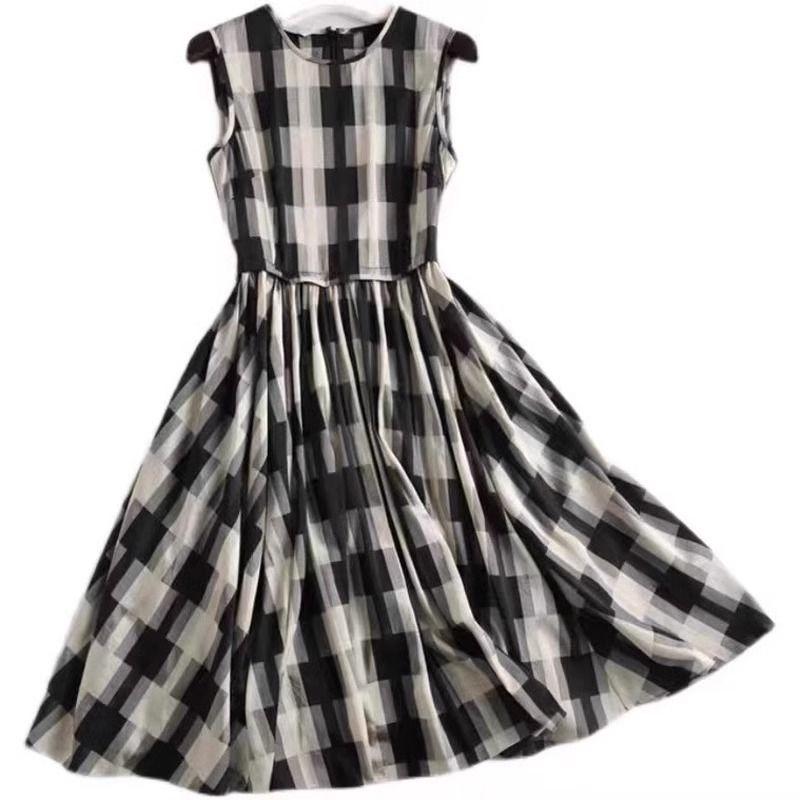 Summer Fashion Vintage Plaid Printing Sleeveless Dress Female Loose Casual Beach Holiday Robe Women Temperament Waist Vestidos