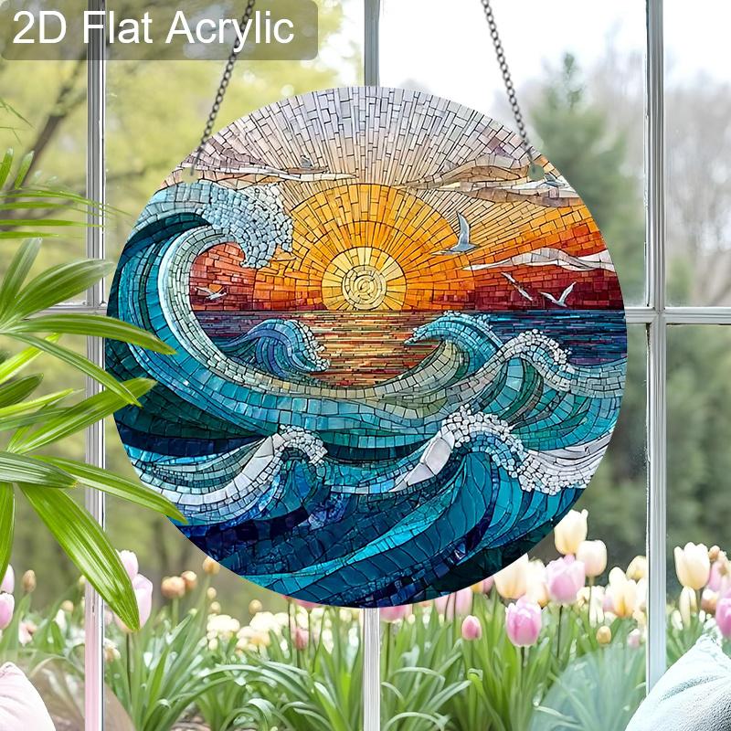 Acrylic Ocean Wave Sunset Suncatcher Stained Glass Effect Window Hanging Ornament Beach Lover Gifts