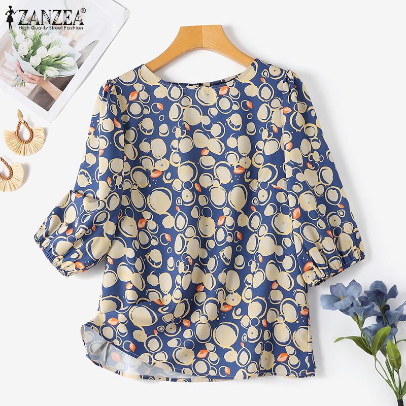 

ZANZEA Женская повседневная летняя блузка с круглым вырезом и рукавами 3/4 с принтом