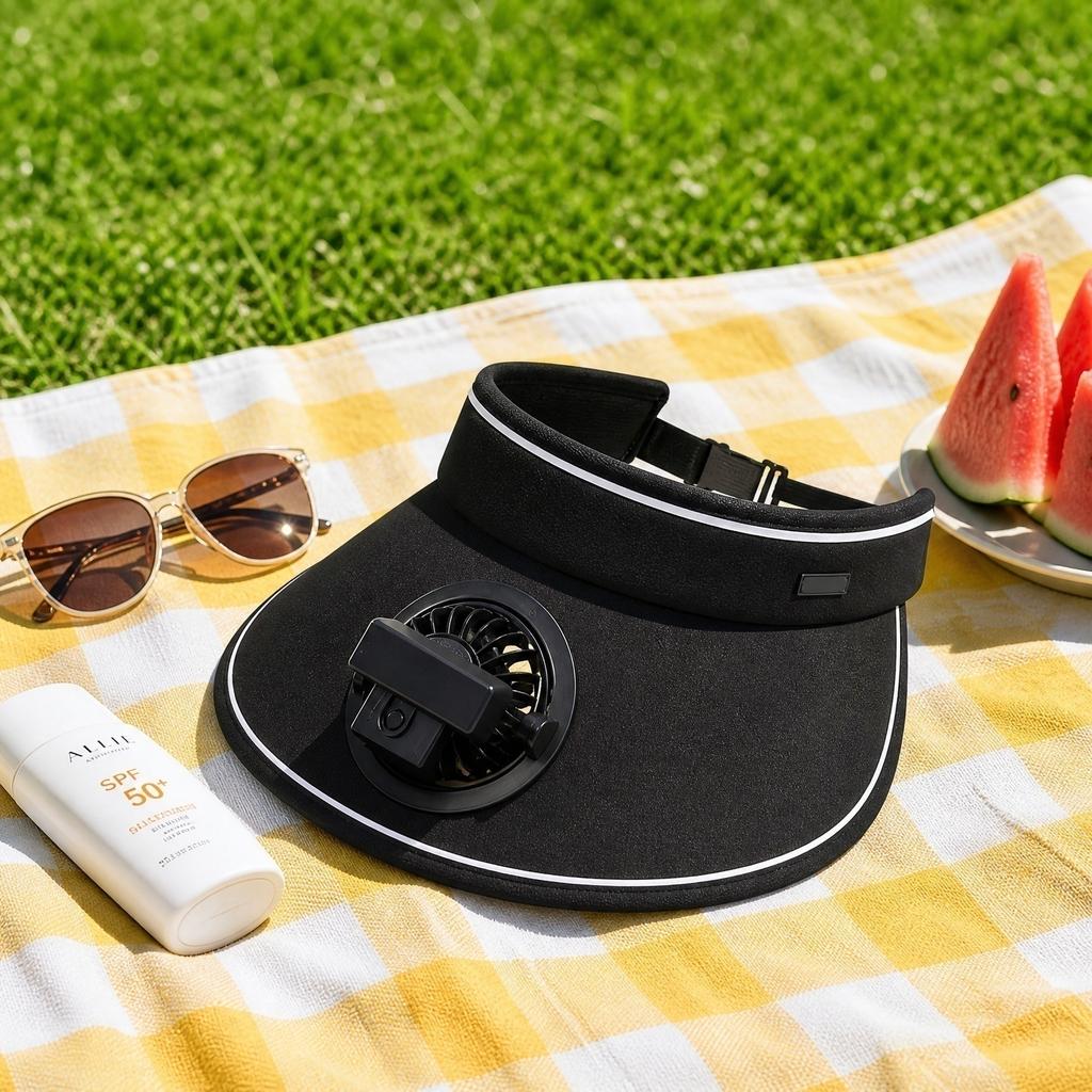 USB-wiederaufladbare Stoff-Sonnenblendenmütze mit eingebautem Ventilator, einstellbarer Luftstrom, drei Geschwindigkeitsstufen, leichte, atmungsaktive Kühlkappe für den Außenbereich