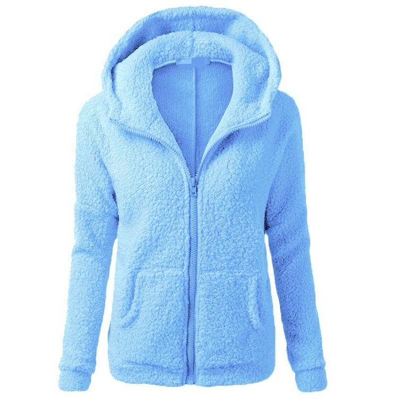 Women's 2025 Autumn Winter European American Zipper Hooded Pocket Plush Top Solid Color Casual