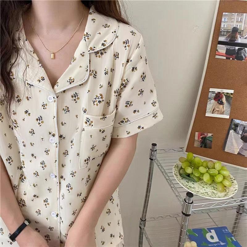 Can Wear Pajamas Women's Summer Cute Cartoon Bear Cotton Short-sleeved Cardigan Loungewear Women's Suit