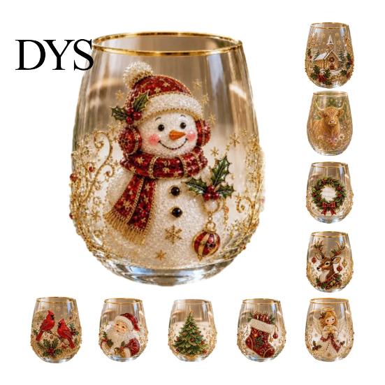 Christmas Themed Water Mug 330ML Glass Cup, Wreath/Santa Claus/Elk/Stockings/Snowman Pattern Holiday Glassware Compact for Breakfast Wine, Coffee,