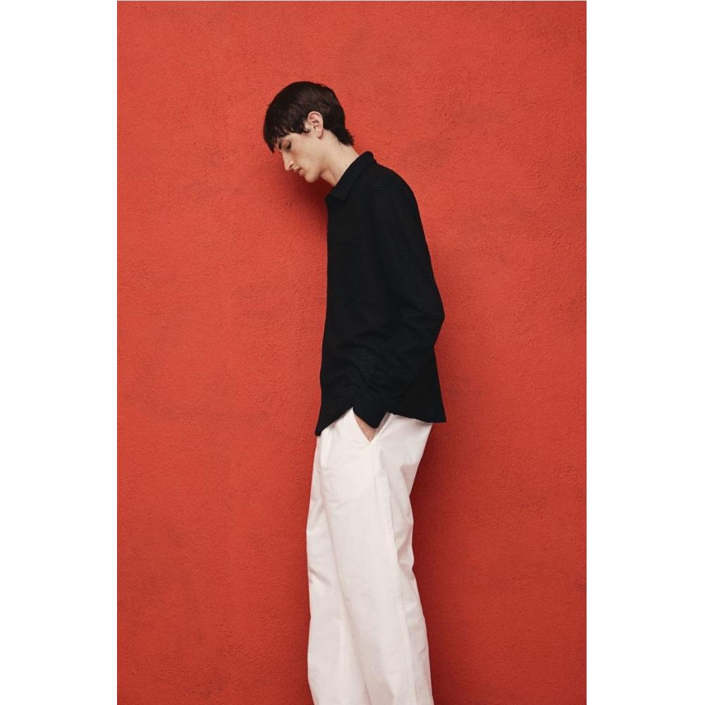 H M Regular Fit Waffle Textured sHirt Navy Blue