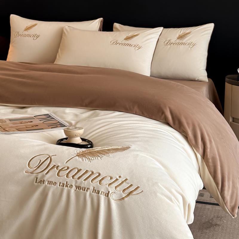 Thickened Milk Fleece Four-Piece Set, Coral Double-Sided Fleece Embroidered Crystal Fleece Quilt Cover, Bed Sheet, Bed Hat Three-Piece Set