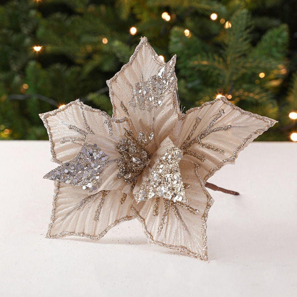 Neue Stoffplastik Weihnachts-Künstliche Blumen 5 Farben DIY Dekoration Kunstblume 24cm Ornamente Glitzer Weihnachtsstern Neujahr