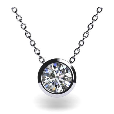 Silver Plated Round Bezel-Set CZ Pendant Necklace, Minimalist Solitaire Cable Chain Necklace for Women