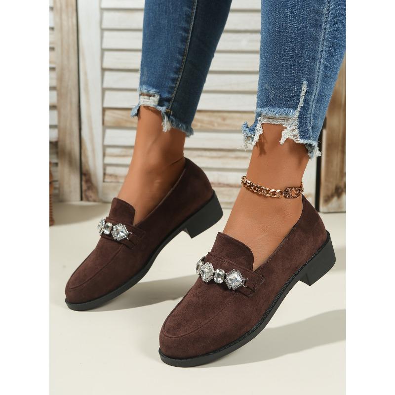 2025 Autumn New Rhinestone Suede Low-Top Shoes Thick Heels British Loafers Women