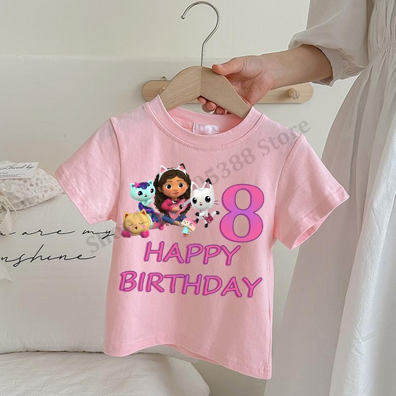 Gabby Dollhouse T-shirts for Children Anime Cartoon Number Printing Top Summer Short Sleeved Clothing Girls Fashion Pink Clothes
