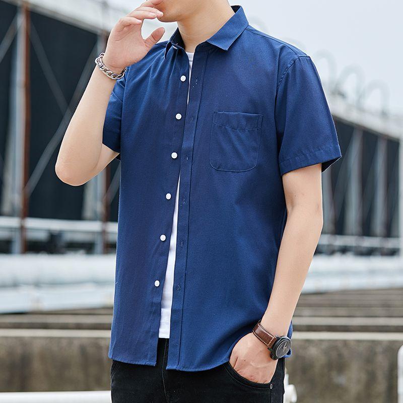 

Мужская тонкая рубашка кхмерского стиля, молодежная повседневная модная рубашка с коротким рукавом, приталенная в корейском стиле M темно-синий