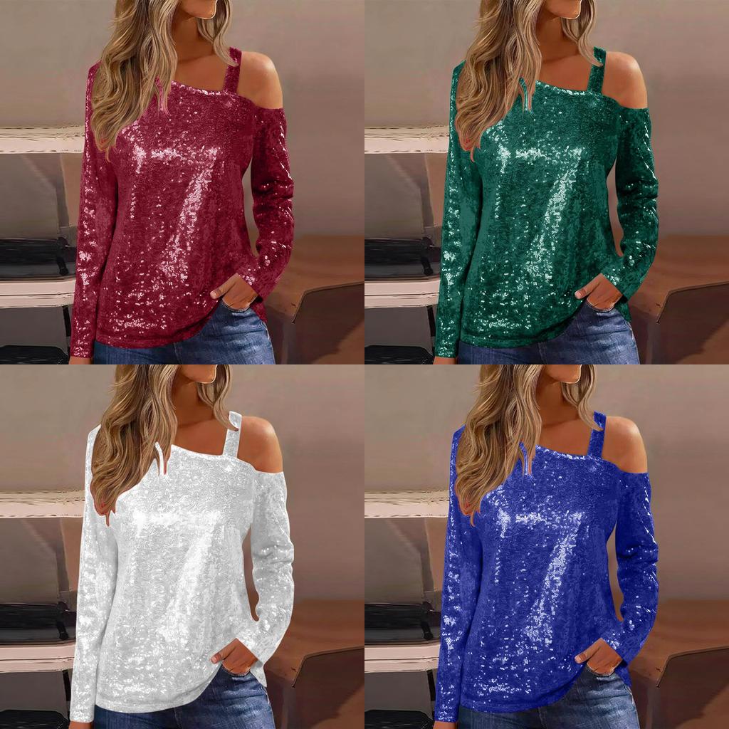 Polyester Long Sleeve T Shirt With Sequin Round Neck For Casual Women