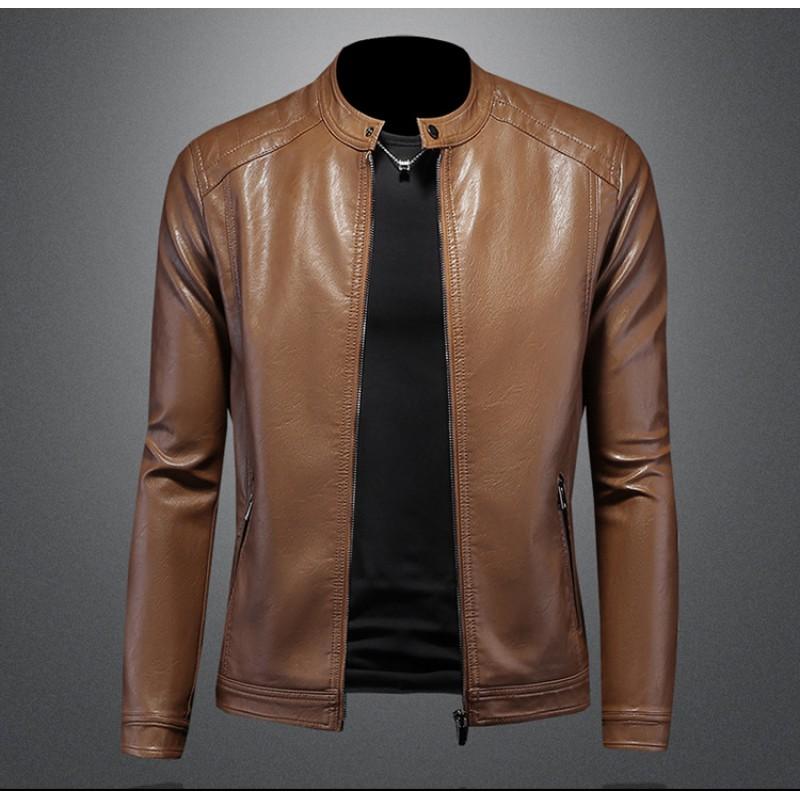 Mens PU Leather Biker Jacket With Stand Collar Slim Fit Casual Outerwear