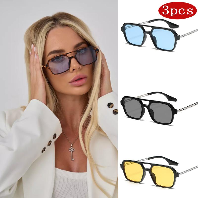 

3pcs Vintage Double Bridges Sunglasses Women Pink Gradient Hollow Leopard Blue Square Sun Glasses Fashion Trendy Eyewear