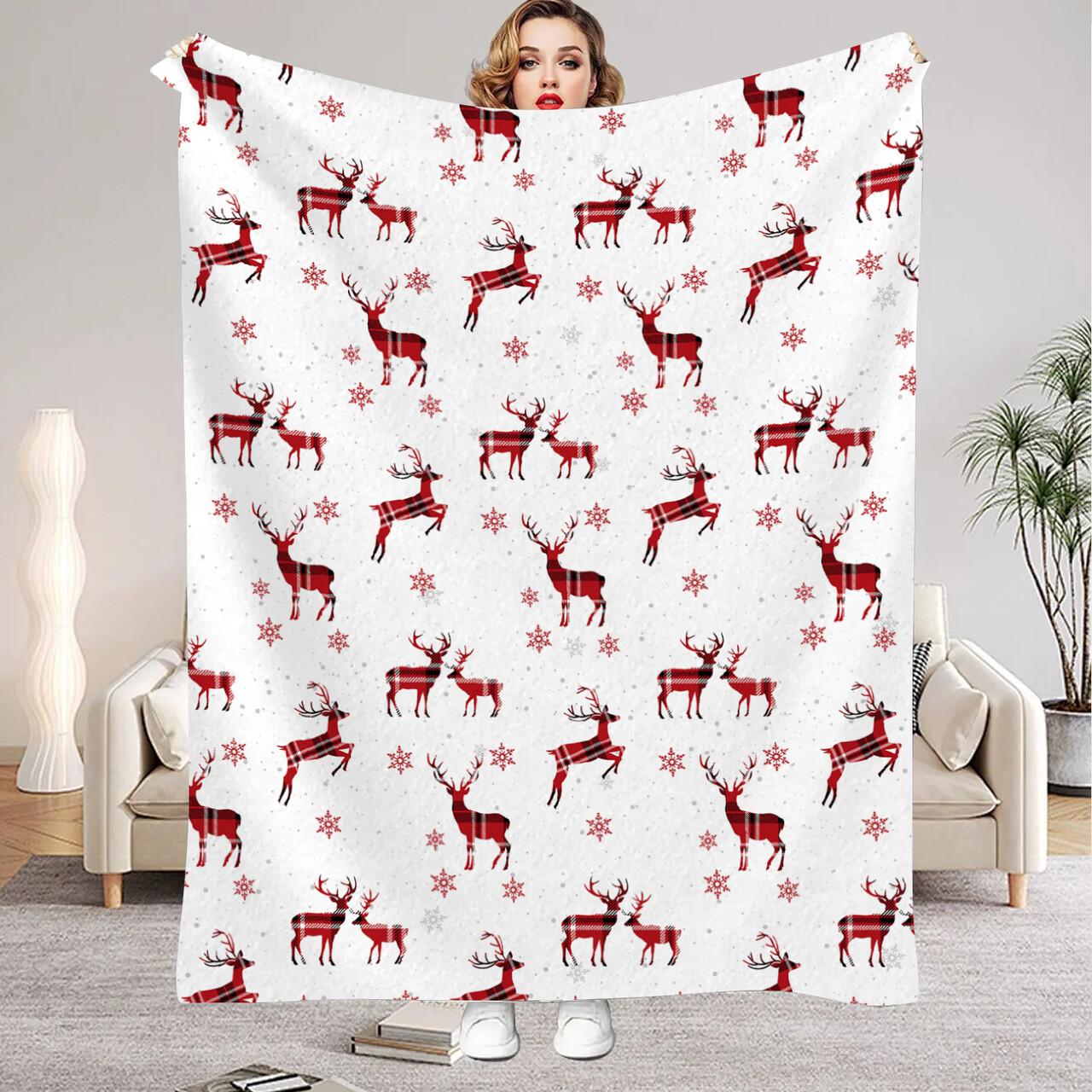 

2026 Уютный красный флисовый плед с рождественским узором с оленями - Праздничный праздничный плед для теплого декора 30x40in