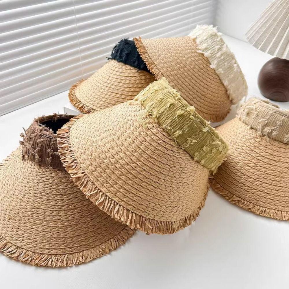 Hollow Empty Top Straw Hat Woven Straw Women's Sun Hats Folding Sunshade Hat  Beach Vacation