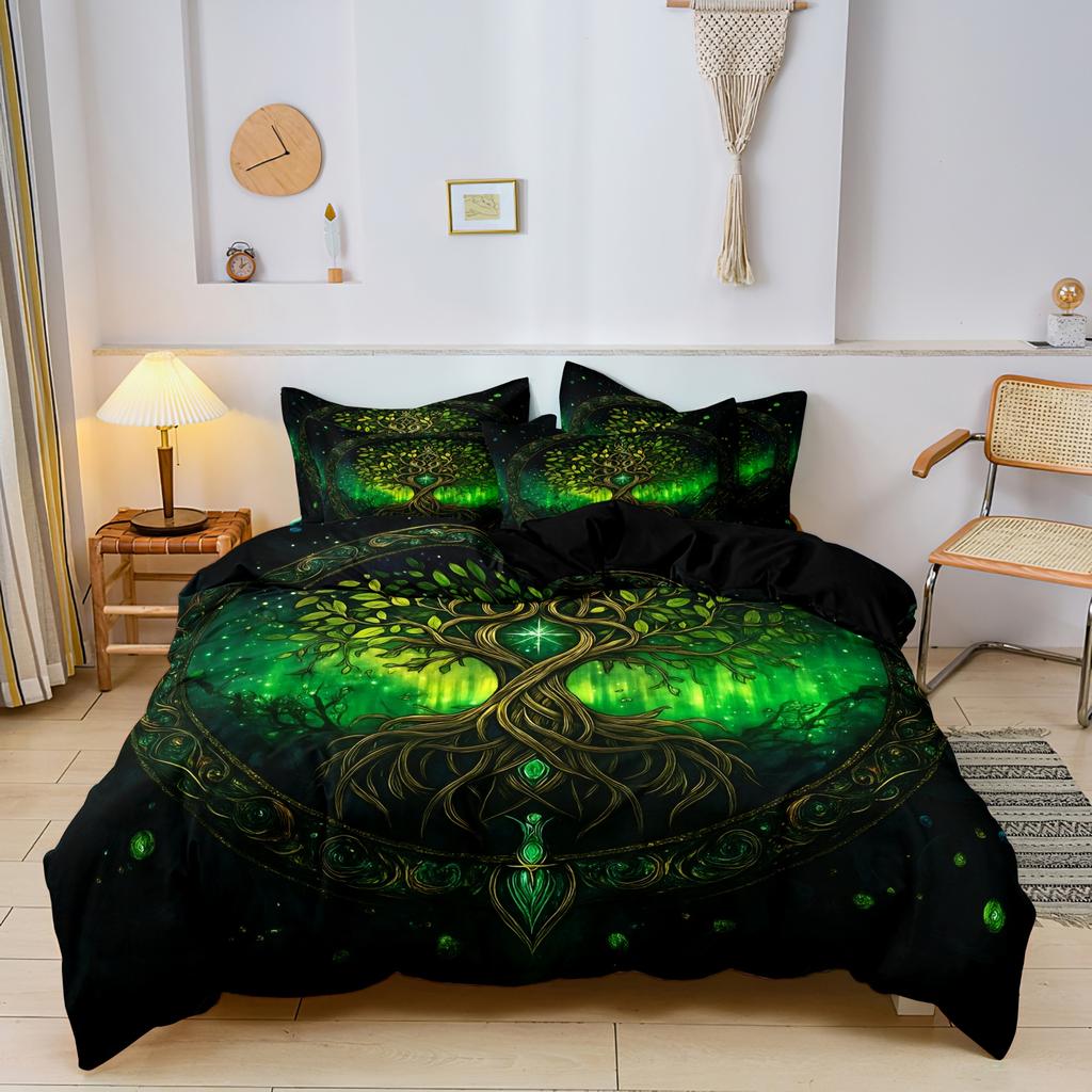 3Pcs Black Tree of Life Print Duvet Cover Set, Sacred Mandala Forest Root Branch Print Bedding, For Family Dormitories Hotels