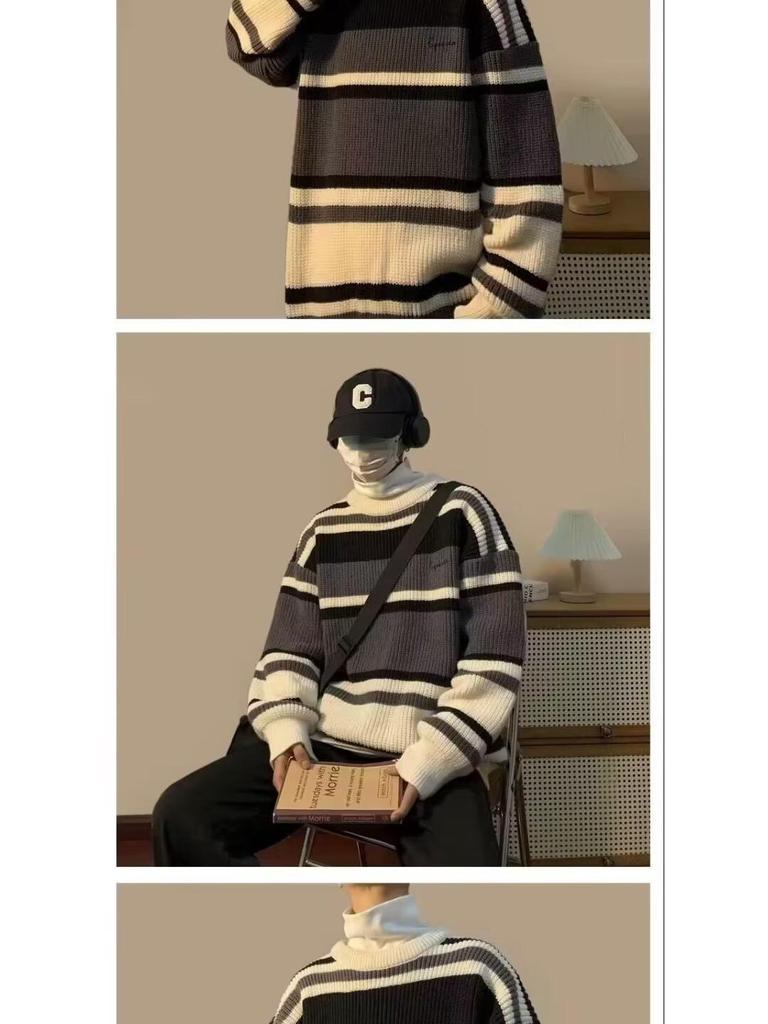 Men's Retro Striped Knit Sweater - Autumn/Winter Collection