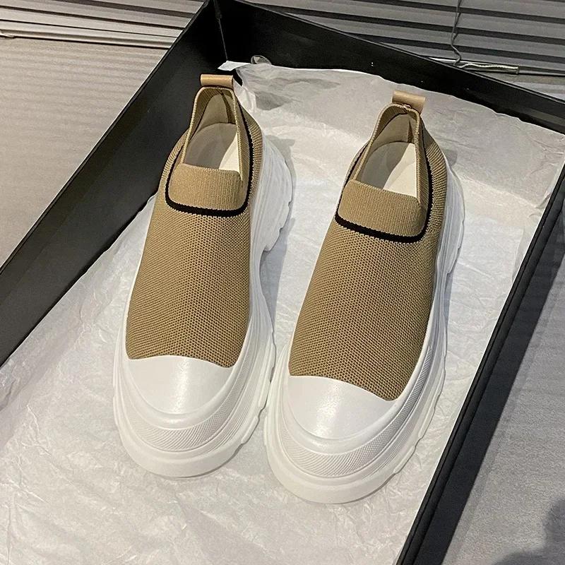 Thick Bottom Knitting Women's Vulcanize Shoes 2024 New Breathable Socks Shoes Casual Sneaker Slip on Tennis Non-slip Shoes Women