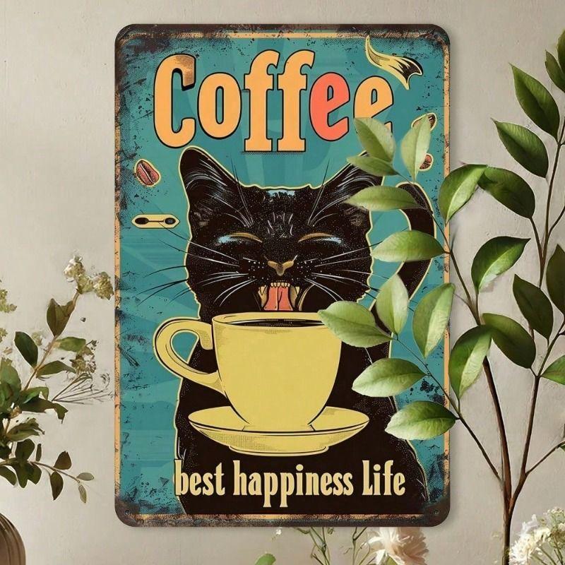 Metal Poster Wall Art Vintage Cat Coffee Print Home Decor