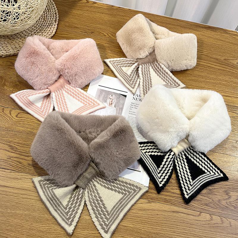 Autumn and Winter New Imitation Rabbit Plush Scarf Fashionable and Warm Simple and Versatile Cross Striped Knitted Plush Neck Protection Scarf