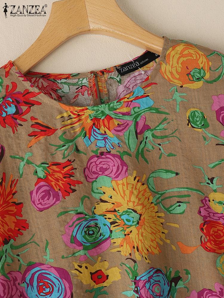 ZANZEA Damen Lässige Rundhals 3/4-Ärmel Bluse mit Blumendruck