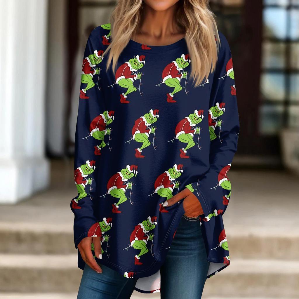 Damen Weihnachtsdruck Langarmshirt Rundhals Pullover T-Shirt Top Pullover