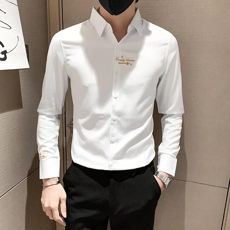 Men's Slim Fit Black Long Sleeve Shirt with Gold Embroidered Detail Casual Business Formal Shirt
