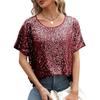 Women Tops Round Neck Short Sleeve Loose Fit Tee Shirt Sparkling Sequins Casual Shirt Versatile Summer Tops