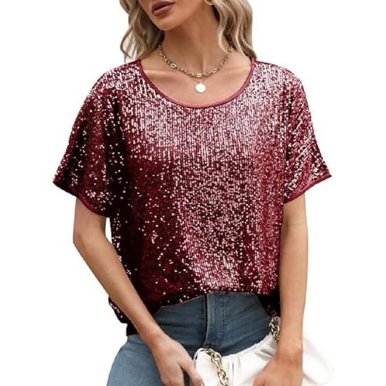 Women Tops Round Neck Short Sleeve Loose Fit Tee Shirt Sparkling Sequins Casual Shirt Versatile Summer Tops
