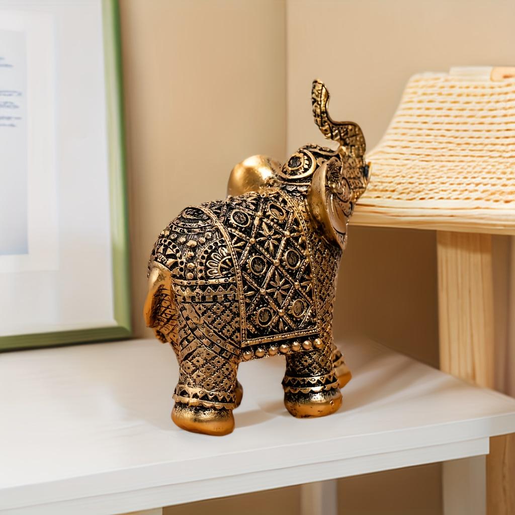 Lucky Fortune Elephant Ornament - Resin Feng Shui Animal Statue Art Craft for Home Living Room, Bookshelf, Office, and Desk Decor