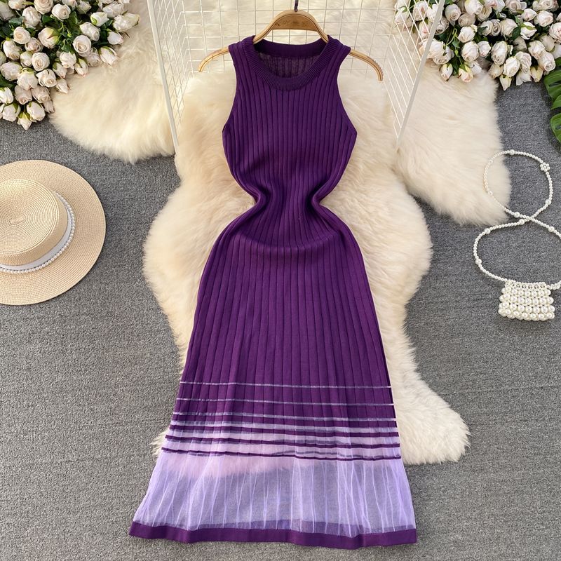 

Summer 2024 Fancy Socialite Elegant round Neck Waist Trimming Slim Looking A- line Gauzy Patchwork Knitting Vest Dress Purple All yards