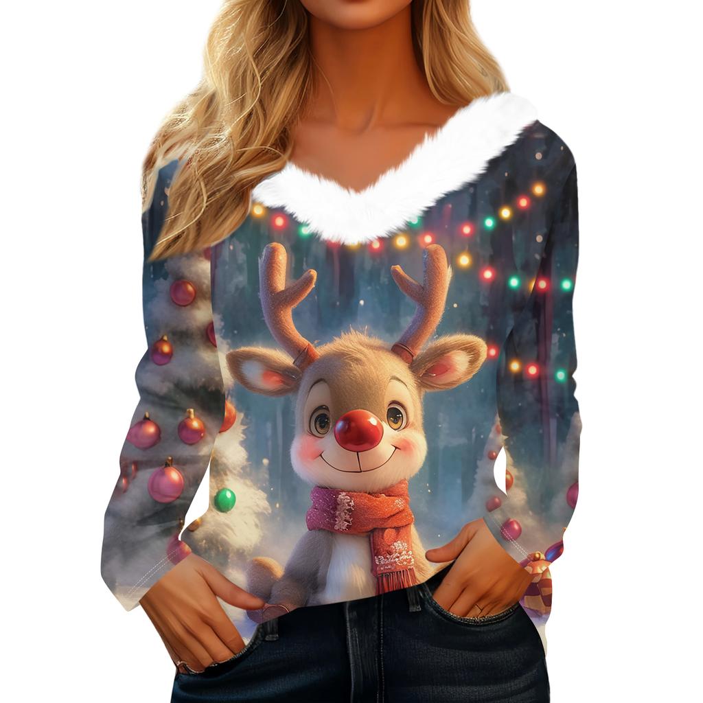 Women's Christmas Printed Long Sleeved Party Plush Neck V-neck Top