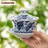 Gaiwan de Cerámica Azul y Blanco de 250 ml Creativo de Gran Tamaño Anti Escaldaduras Taza de Té con Tapa Servicios de Vajilla Artesanal