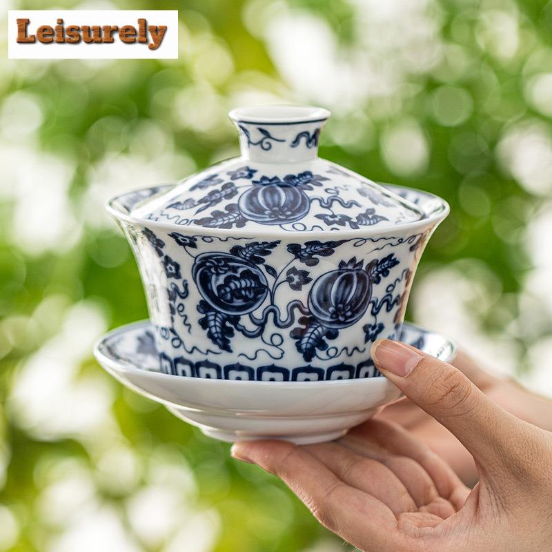 Gaiwan de Cerámica Azul y Blanco de 250 ml Creativo de Gran Tamaño Anti Escaldaduras Taza de Té con Tapa Servicios de Vajilla Artesanal