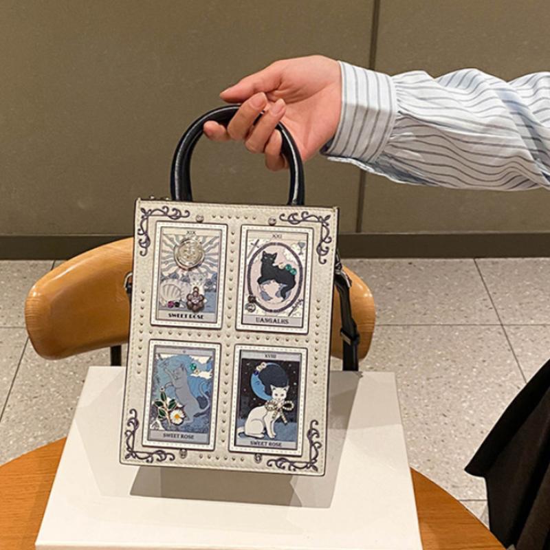 Tarot Card Cat Print Tote Bag With Rivet Trim Chic Top-handle Crossbodybag Women Gothic Square Handbag Stylish Daily Shoulderbag