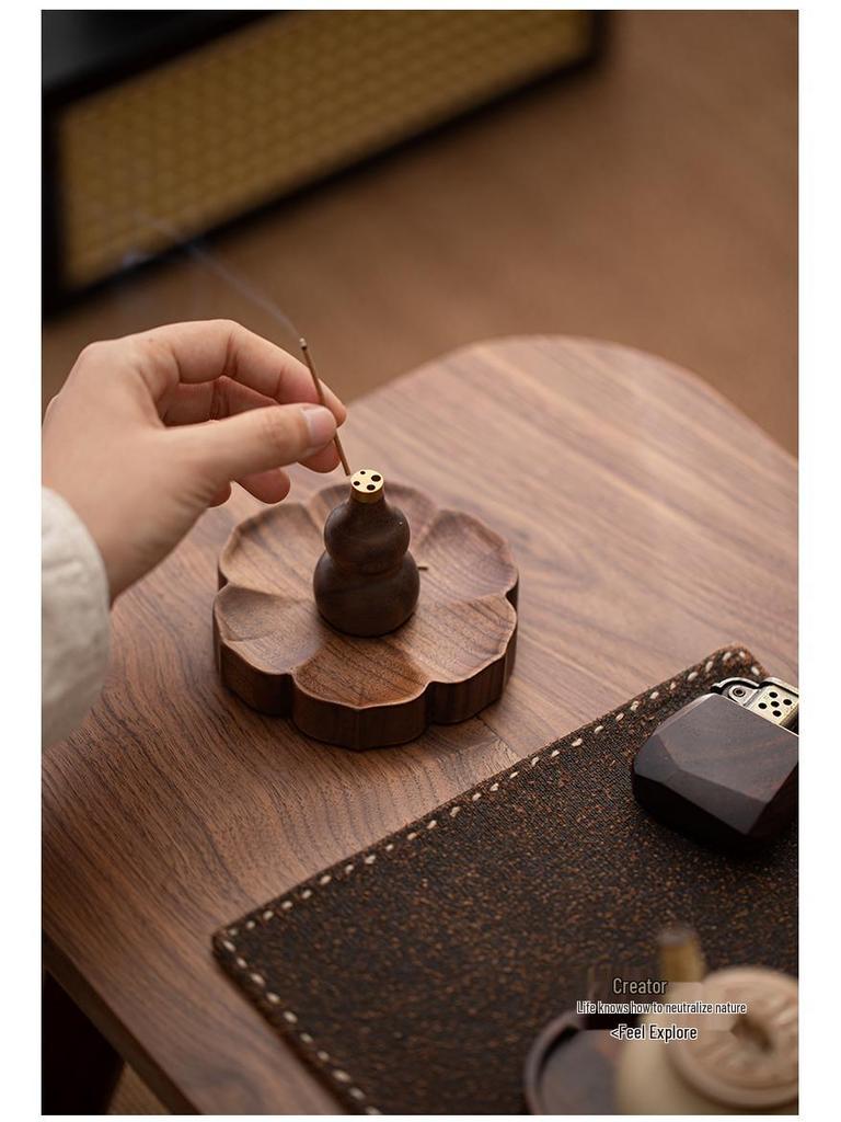 North American Walnut Multi-Hole Incense Burner, Solid Wood Lotus Design, No Ash Holder