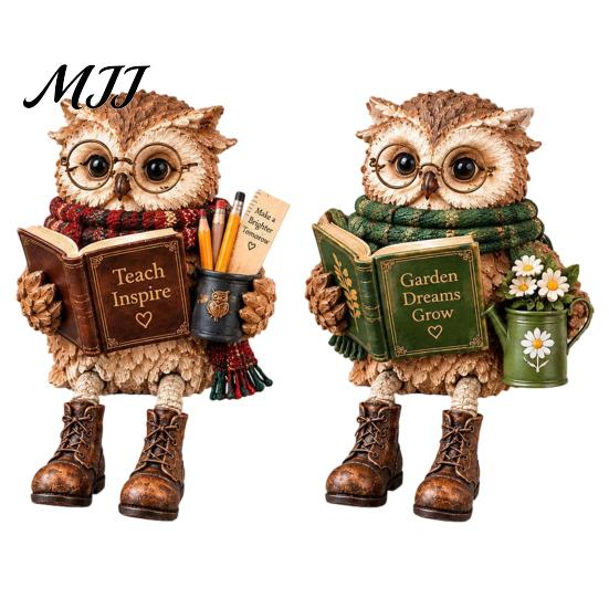 Whimsical Hanging Leg Owl Decor 2Pcs Reading Resin Figurines, Sitting Edge Bookshelf Statue with Glasses Cute Animal Statues for Mantel &