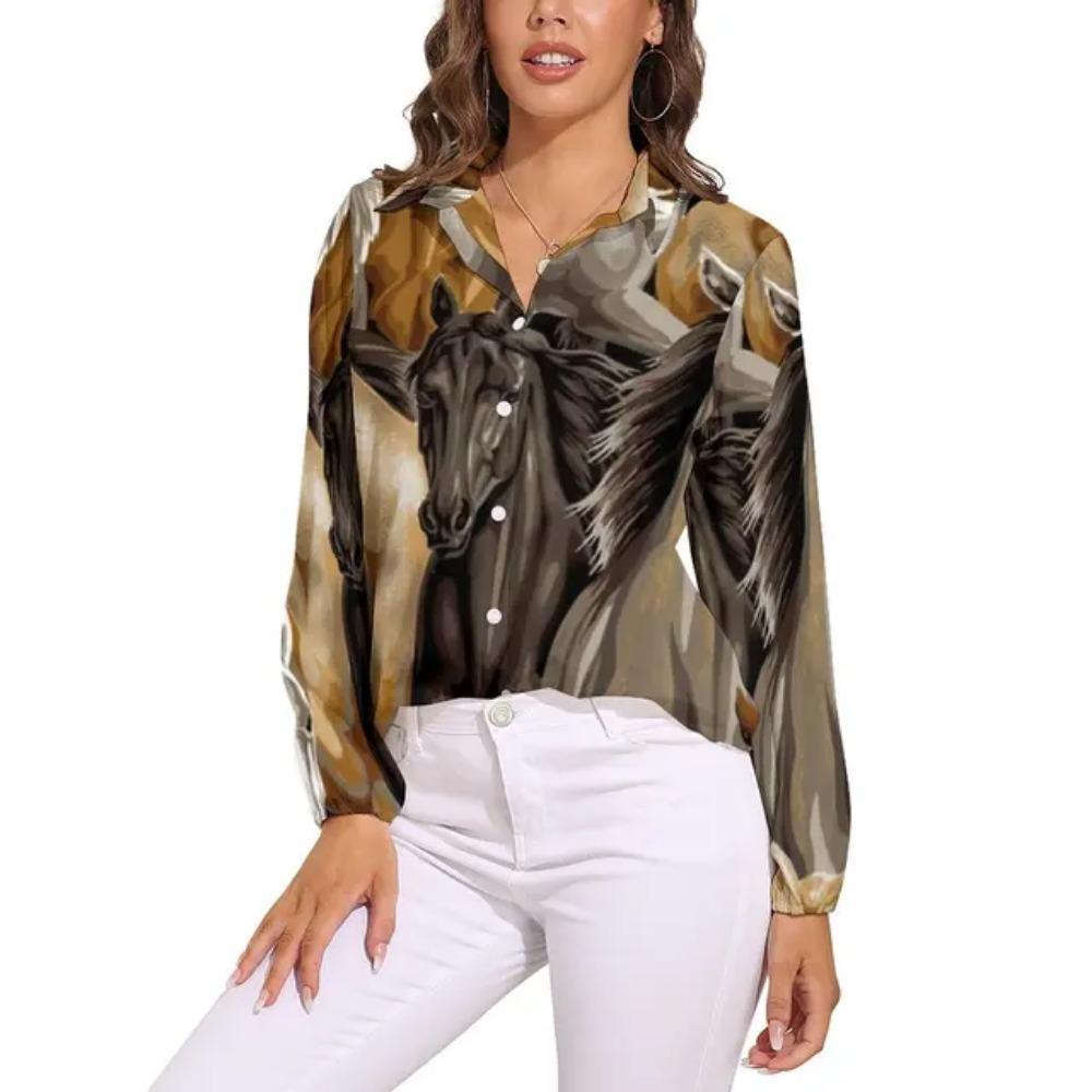 New Spring Shirt For Women Sunset Horse Blouse Cool Animal Print Pretty Graphic Blouses Woman Long-Sleeve Simple Shirt Tops