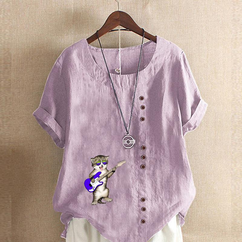 Women's Fashion Talking About His Cat Prined Short Sleeve T-shirt Loose Cotton Shirt Casual Loose Summer Blouse Plus Size Tops