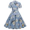 Women's Clothing Supply Summer Blue Bundle Neck Doll Collar Short Sleeve Retro Medium and Long Dress Printed Dress